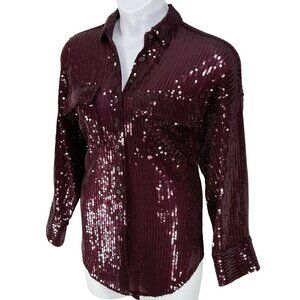 Anthropologie Pilcro Women XS OVERSIZED Burgundy Sequin Button Up Fairy Glam Top